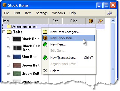new stock item menu